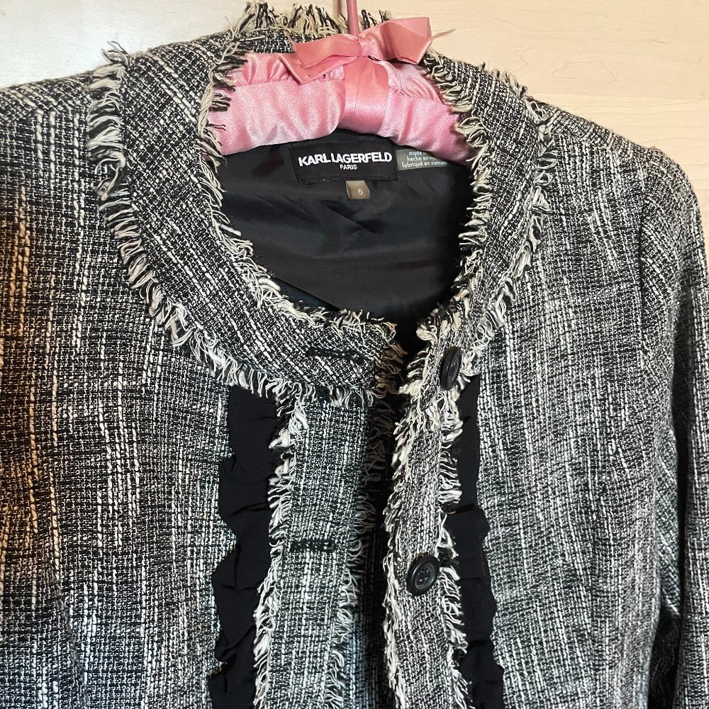 Karl Lagerfeld black and white tweed lightweight coat, calf-length - size 6.